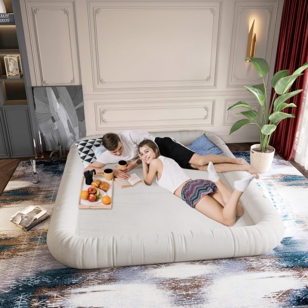 Foldable Floor Couch Bed for Living Room, Beige Micro Fabric - Image 2