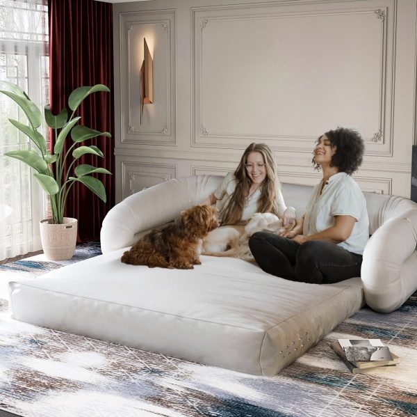 Foldable Floor Couch Bed for Living Room, Beige Micro Fabric - Image 3