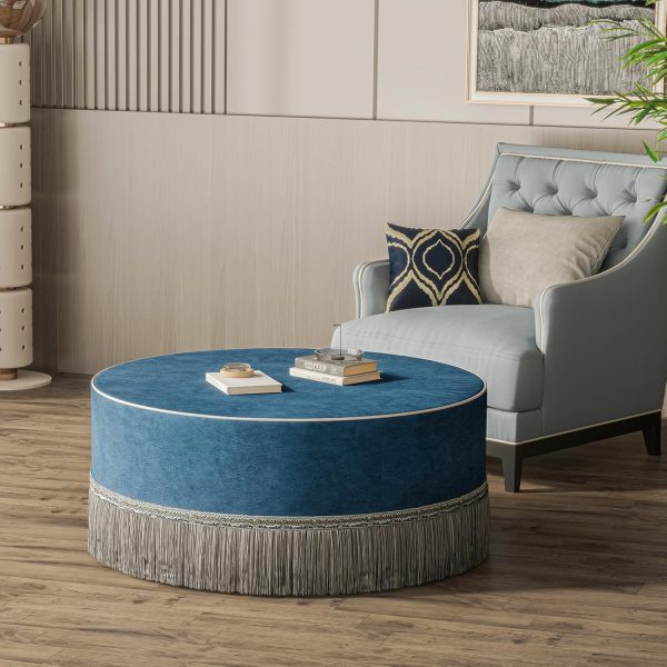 Round Ottoman Table with Tassel, Cushioned for Bedroom & Living - Image 2